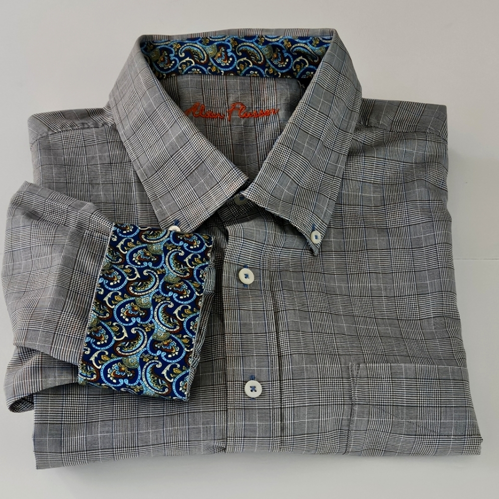 Alan Flusser Mens Size XXL Glen Plaid Blue W/Paisley Cuffs & Collar Butt…